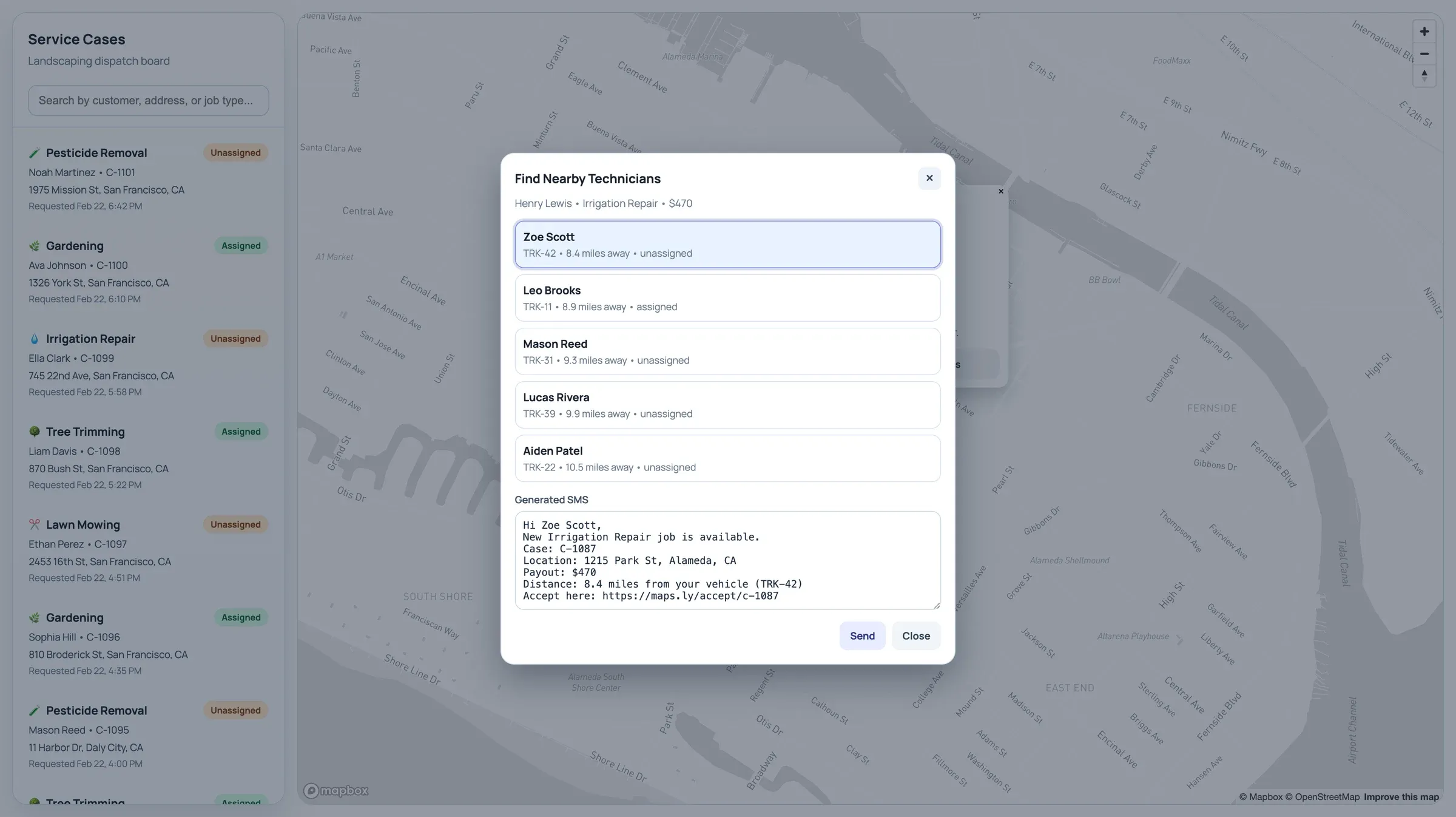 Find nearby technicians dialog ranking technicians by distance, with a generated SMS job offer ready to send