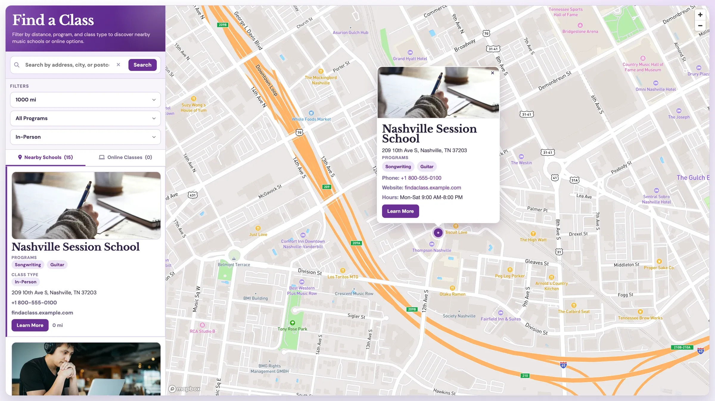 Class locator filtered to in-person classes, showing a Nashville school popup on a street map