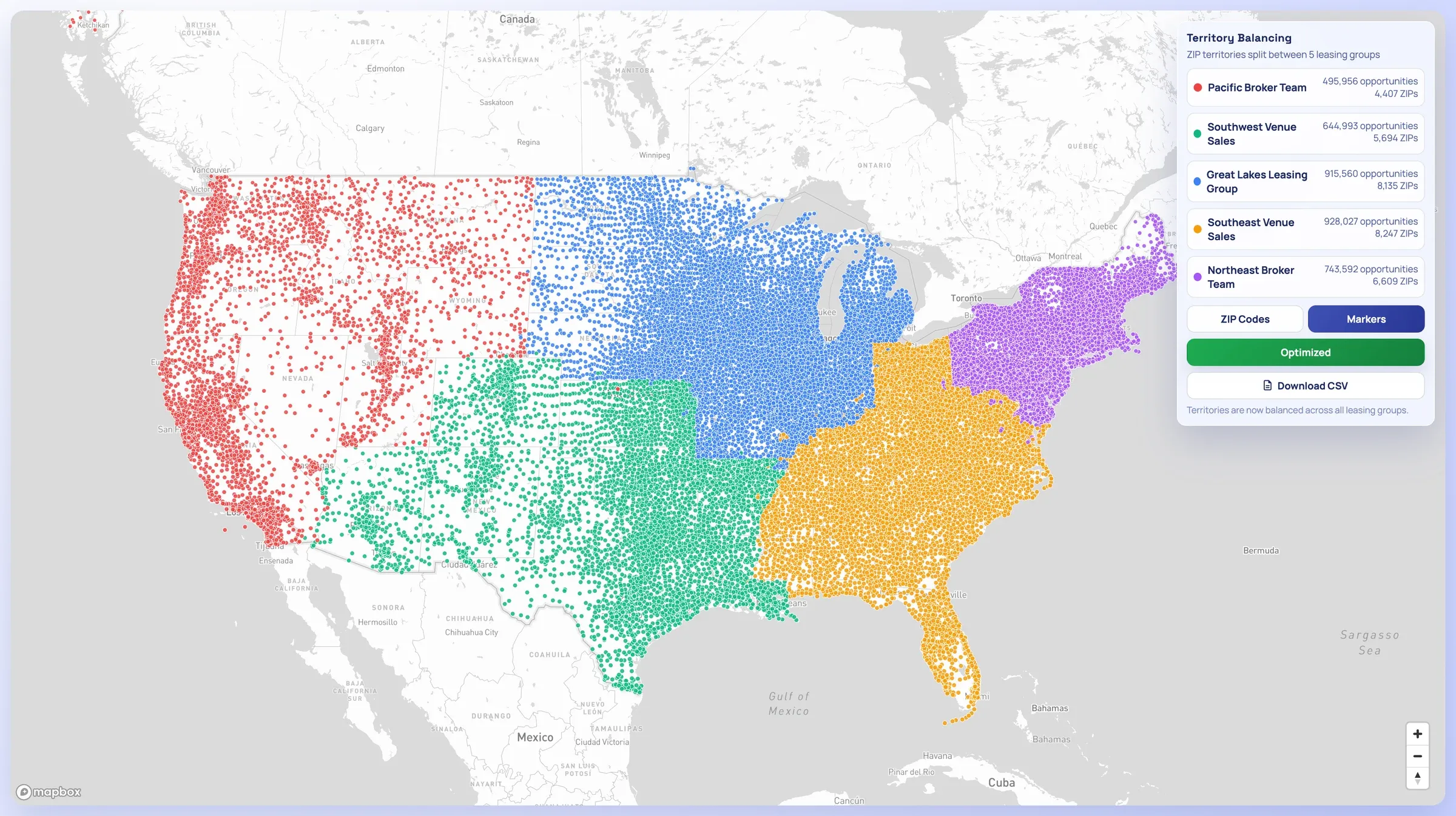Markers view showing each ZIP centroid as a dot colored by its territory owner