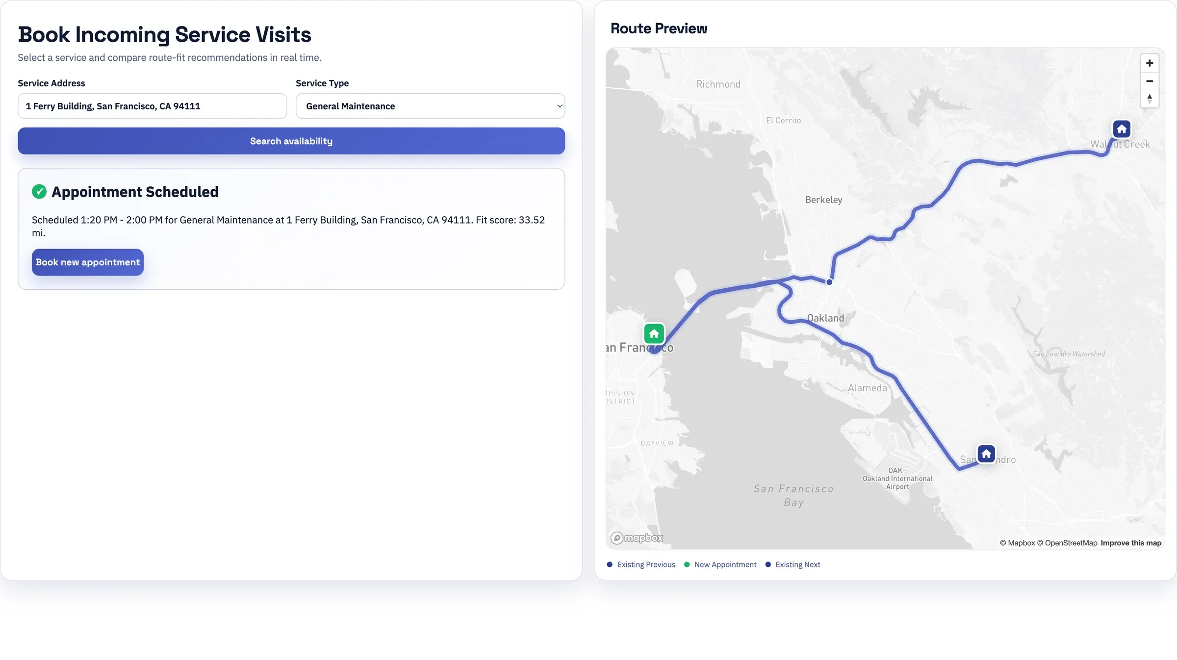 Appointment scheduled confirmation with the new visit added to the route preview map
