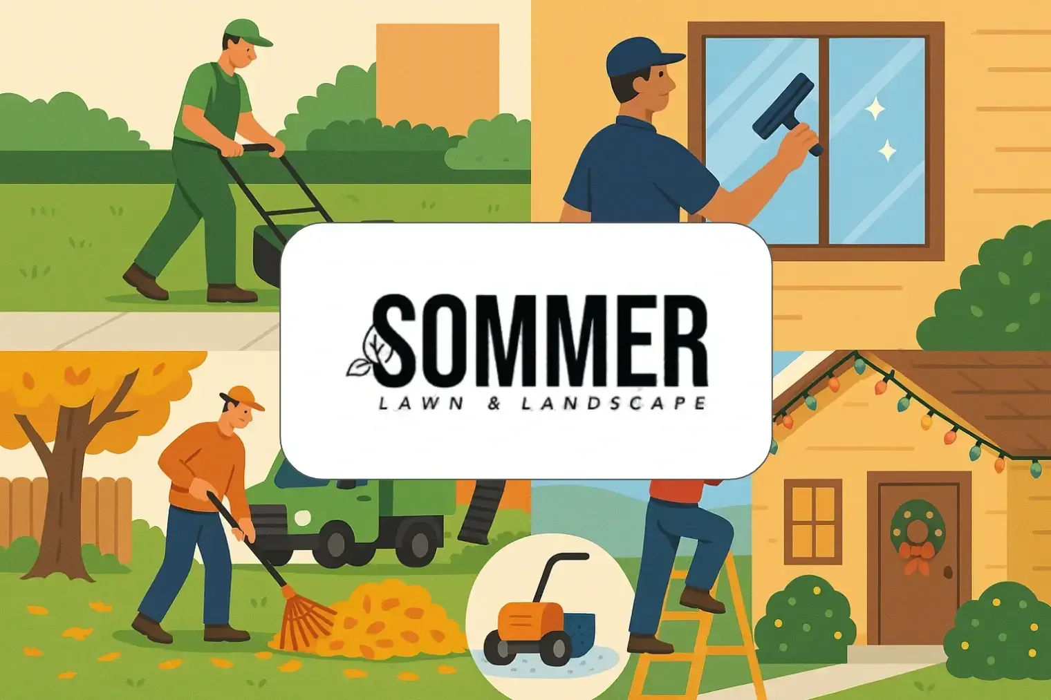 Illustration of a lawn care crew at work, with the Sommer Lawn & Landscape logo