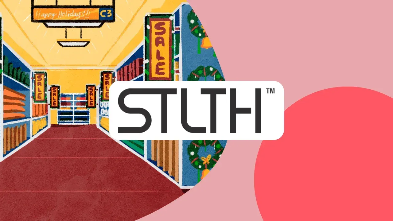 STLTH logo over an illustrated convenience store aisle