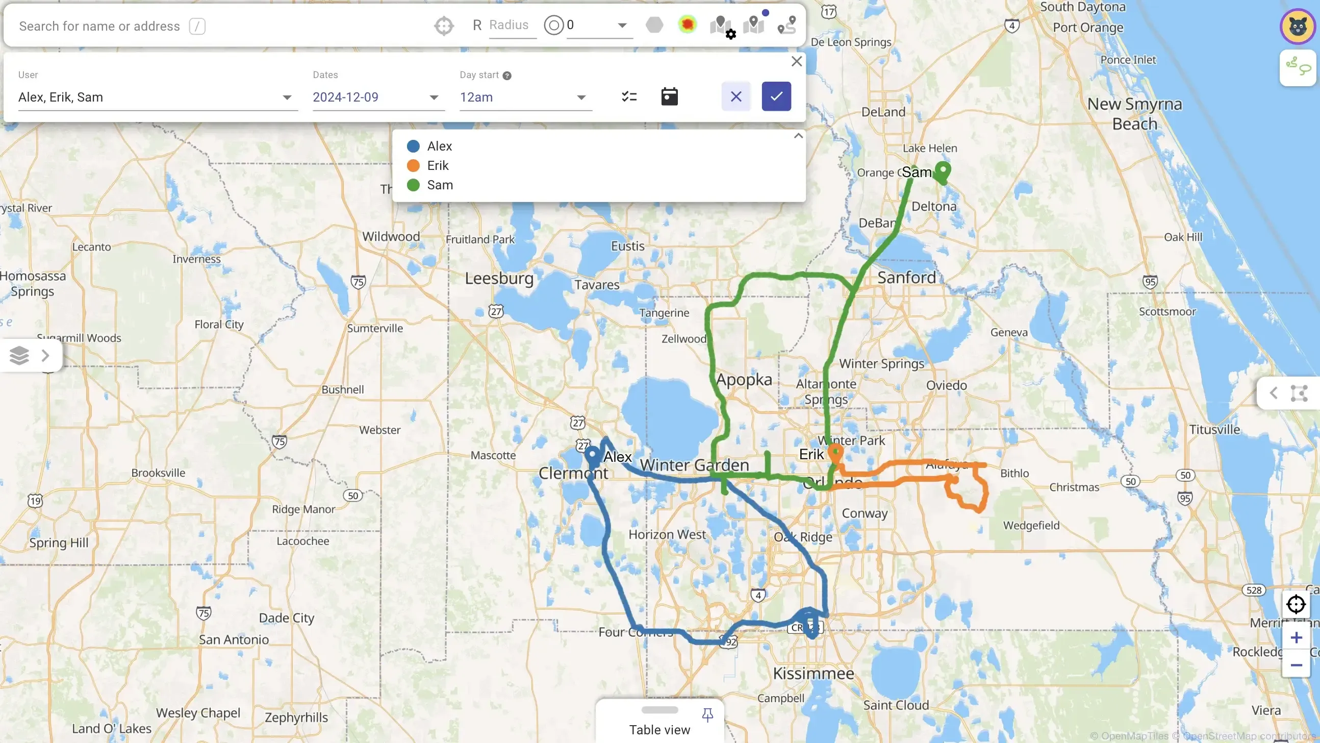 Optimized routes for several reps on the Mapsly map