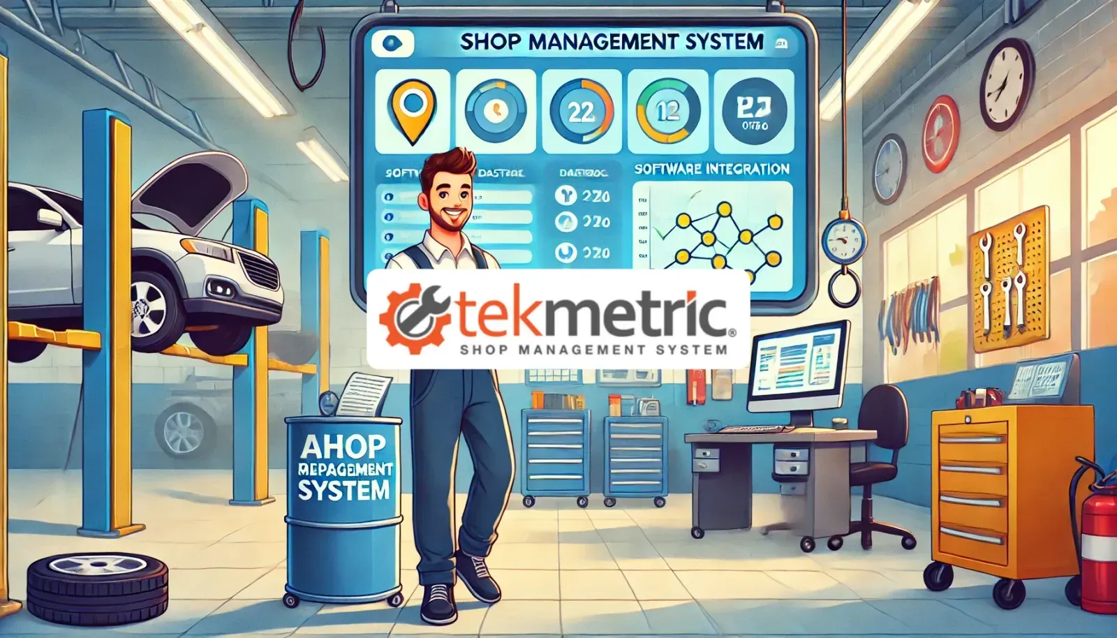 Illustration of an auto repair shop using the Tekmetric shop management system