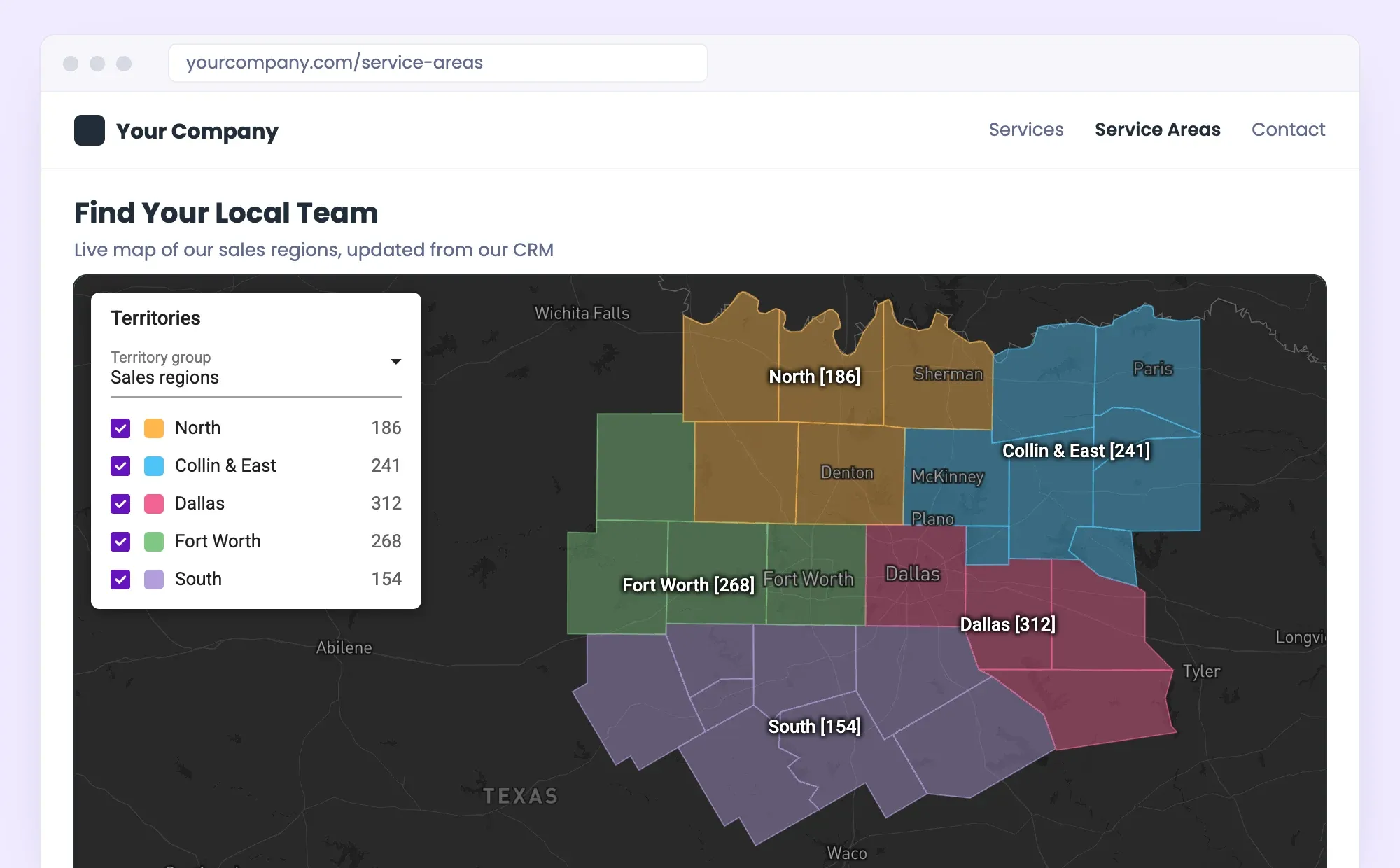 Website page with an embedded Mapsly dark map of sales territories around Dallas–Fort Worth, each labeled with a metric, and a Territories panel listing the territories in the group