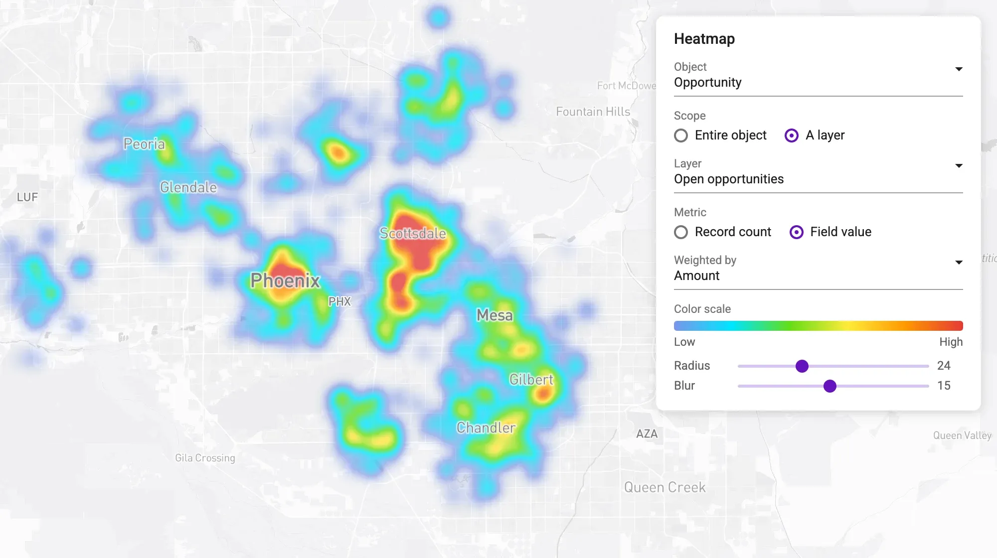 Heatmap of open opportunities across the Phoenix metro area weighted by the Amount field, with heatmap settings: object Opportunity, scope set to a layer, and metric set to a field value
