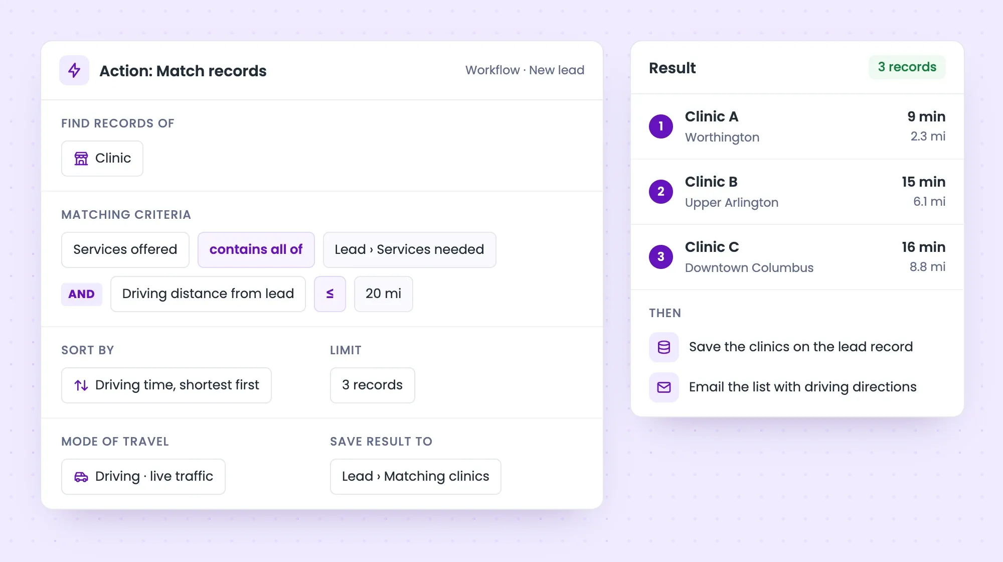 Match records action settings: find Clinic records that offer all the services the lead needs within 20 miles of driving distance, sorted by driving time and limited to 3, with the result list and the follow-up actions